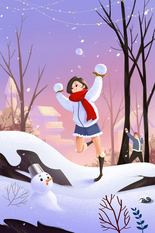 小雪风俗海报模板_立冬节气户外打雪仗女孩和小雪人竖版插画