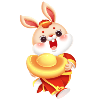 吉祥馄饨海报模板_兔年新年春节兔子抱元宝迎财神喜庆形象元素