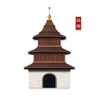 寺庙地标海报模板_立体剪纸建筑江苏扬州地标