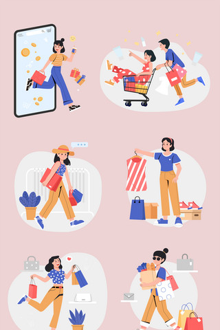 女性摸肚子海报模板_扁平促销购物女性人物插画元素套图