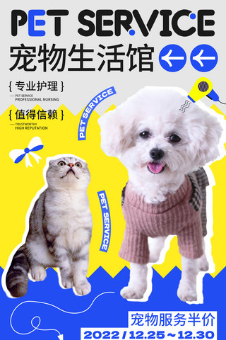 项目；海报模板_蓝色黄色灰色宠物生活馆宠物服务宠物项目打折宠物海报猫咖