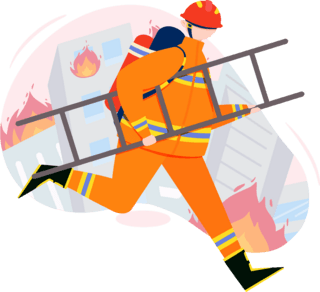消防救援海报模板_橘色扁平风消防员抬着梯子奔走人物主题元素