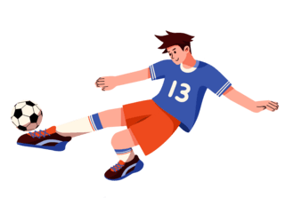 蓝色的运动海报模板_蓝色橙色扁平风踢足球的人物元素世界杯体育竞技比赛