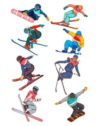 奖金鱼png海报模板_手绘冬天运动滑雪的人物主题元素套图