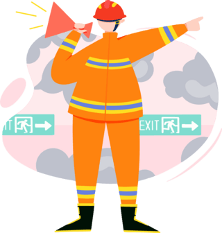 卡通雪屋PNG海报模板_橘色扁平风消防员手持扩音桶指挥人物主题元素
