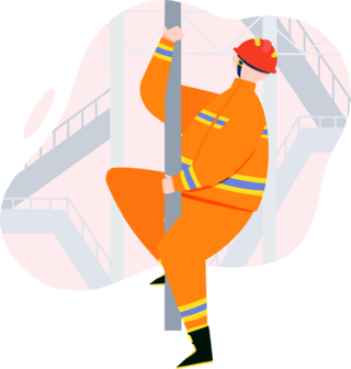 专业徽章海报模板_橘色扁平风消防员顺管子下滑人物主题元素