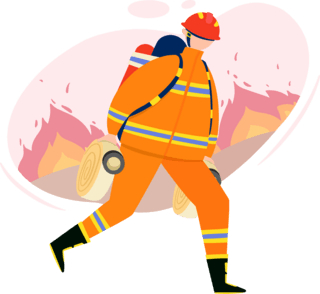 轴png海报模板_橘色扁平风消防员双手提水管奔走人物主题元素