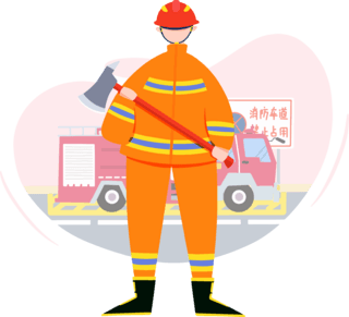 女消防员海报模板_橘色扁平风消防员手持消防斧站立人物主题元素