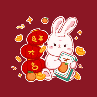 卡通少女贴纸海报模板_2023兔年兔子春节新春祝福贴纸表情包之兔年大吉