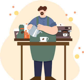 咖啡杯套刀版图海报模板_绿色扁平风咖啡师使用咖啡壶倒咖啡人物主题元素
