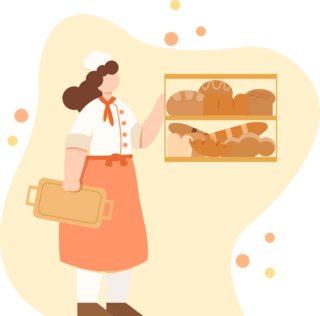 美味煎鸡蛋海报模板_橘黄色扁平风面包师一手抚面包柜一手拿托盘人物主题元素