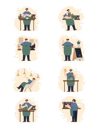 线稿室内海报模板_咖啡师AI人物元素套图