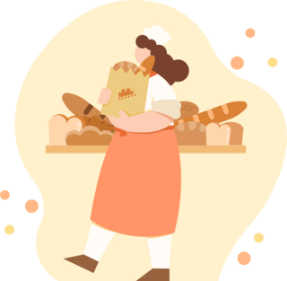 葱花鸡蛋面海报模板_橘黄色扁平风面包师抱着装有面包的纸袋人物主题元素
