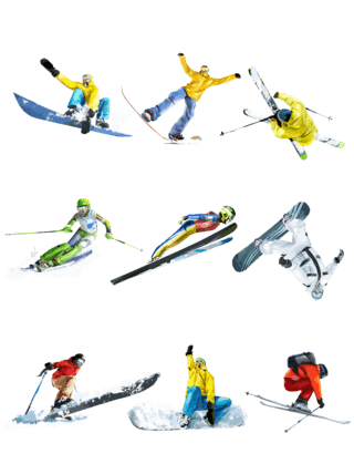 创意滑雪人物海报模板_手绘冬天运动滑雪滑雪板动态运动员人物创意元素套图
