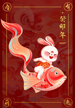 兔年新年兔子海报模板_兔年新年兔子锦鲤国风插画