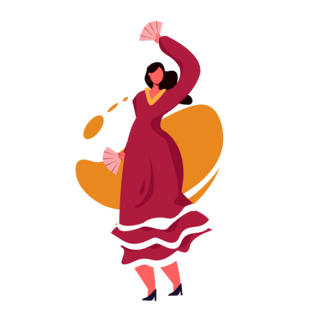 乐器名称海报模板_红色扁平风乐器跳舞女性表演拿扇子跳舞主题元素