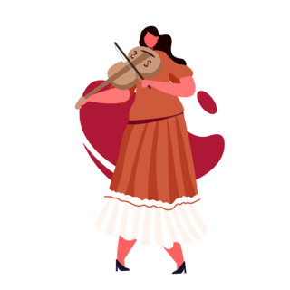 音乐主题餐吧海报模板_红色扁平风乐器跳舞女性表演小提琴人物主题元素