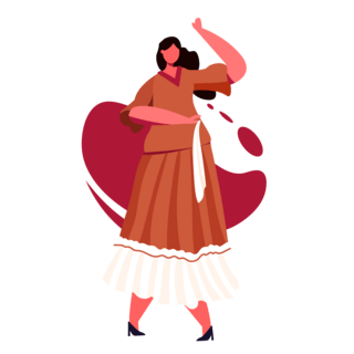 跳舞丝带海报模板_红色扁平风乐器跳舞女性穿着长裙表演舞蹈人物主题元素