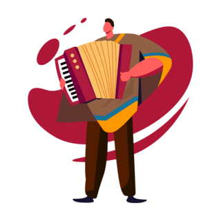 乐器空灵鼓海报模板_红色扁平风乐器跳舞男性演奏手风琴人物主题元素音乐