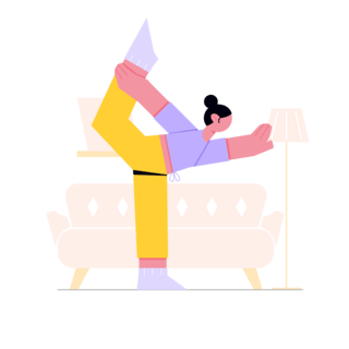 瑜伽人物海报模板_紫黄色扁平风瑜伽运动单腿直立一手卧腿一手张开人物主题元素