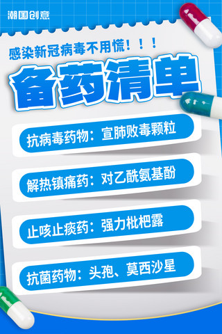 防护肺炎海报模板_新冠肺炎治疗新冠病毒常备药品清单海报