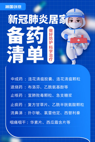 居家卫生间海报模板_蓝色新冠肺炎医疗居家备药清单必备药品宣传海报