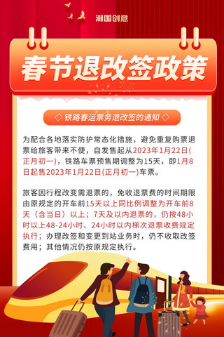 2023春运车票退改签政策红色喜庆海报