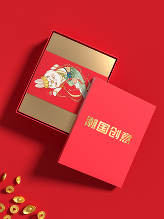 新年拍照框火锅海报模板_兔年春节新年红色金色喜庆礼盒包装元宝样机