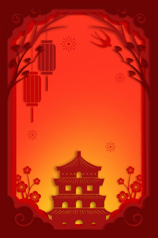 浮雕红色海报模板_春节新年新春立体剪纸风剪纸边框