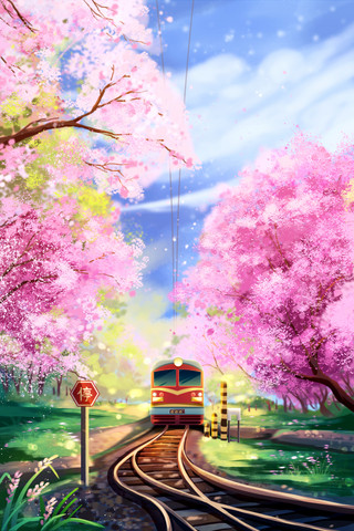 唯美治愈插画海报模板_春天春季樱花开往春天的列车唯美插画