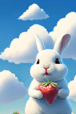 草莓喷溅海报模板_质感3D动物吃草莓的可爱兔子立体设计