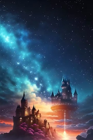 发光星空流星海报模板_童话世界神秘城堡星空云彩银河夜晚城堡