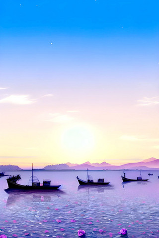 夕阳风景画海报模板_自然风景山水帆船花朵天空风景