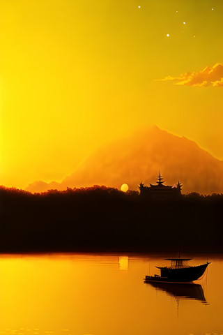 泼墨山水水墨画海报模板_自然风景夕阳山水景色晚霞海边