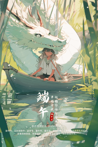 小女孩与海报模板_端午节插画中国古典风插画端午节小女孩与龙绿色