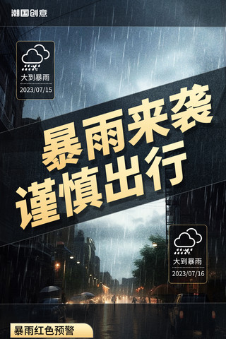 ui温馨提示海报模板_自然灾害暴雨预警防洪洪涝灾害谨慎出行温馨提醒海报