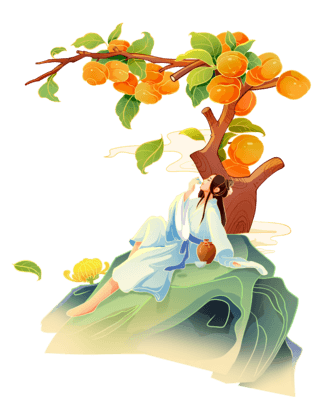 矢量树下的女孩海报模板_中国风手绘插画古人物柿子树下饮酒元素