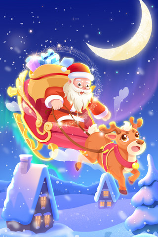 边塞夜晚海报模板_圣诞节手绘创意插画圣诞老人送礼物麋鹿