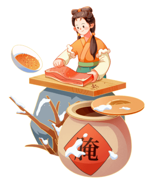 大雪中国风插画习俗腌腊肉腌缸元素