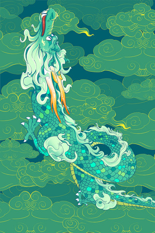 卵石图案海报模板_春节神兽木龙春之龙绿色神龙国潮风插画图案