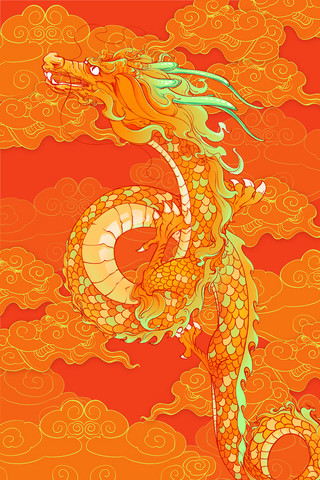 柱子上的图案海报模板_春节神兽龙橙色神龙飞龙火龙国潮风插画图案