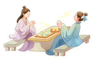 中国风传统汉族古人物饮茶插画元素
