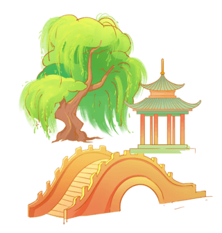 中国风传统古建筑柳树插画元素