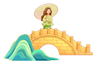 国潮中国风谷雨二十四节气拱桥插画元素
