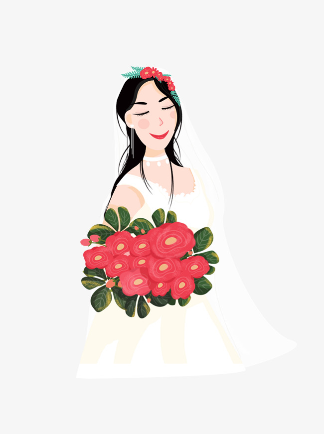 手绘卡通手捧红色玫瑰花的白婚纱新娘可商用元