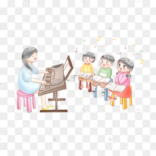 上音乐课唱歌的学生和老师手绘png图片