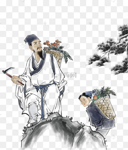 中医古代老中医山间采药图片