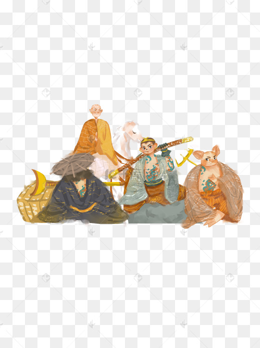 手绘卡通西游记师徒四人插画元素图片