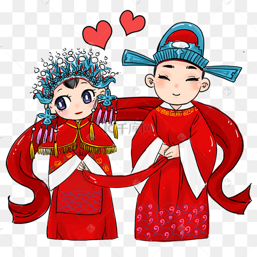 古代古装结婚礼服喜服新郎新娘手绘插画图片