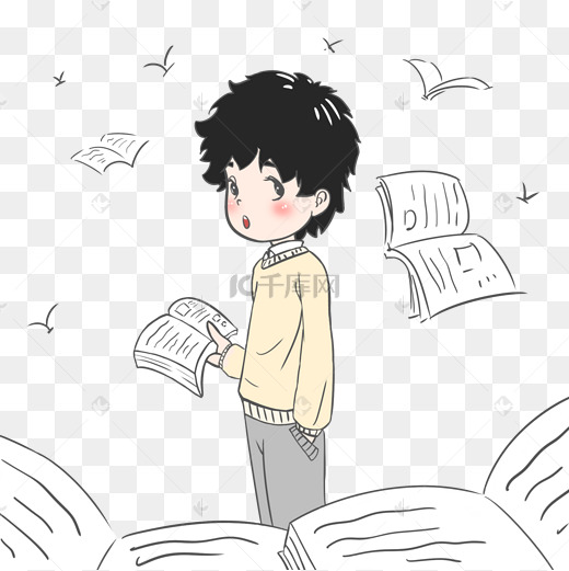 小男孩努力读书卡通手绘图片